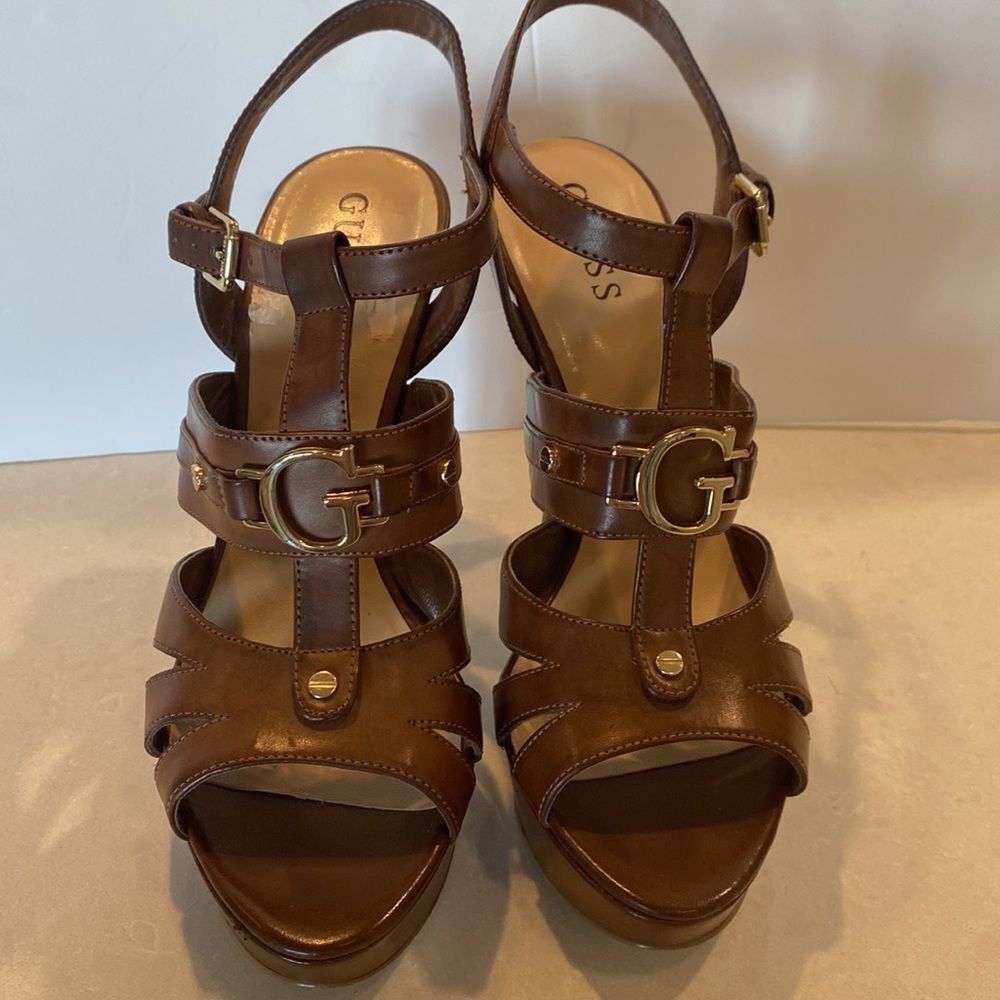 Guess Brown Leather T-Strap Heeled Sandals with Gold G Buckle